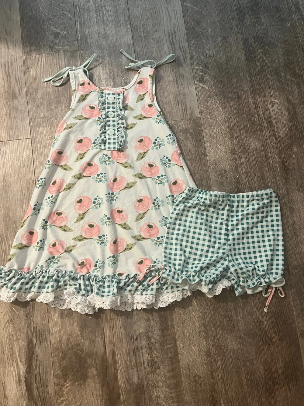 SweetHoney Pink Floral Tie-Shoulder Pajama Set with Teal Gingham 5y